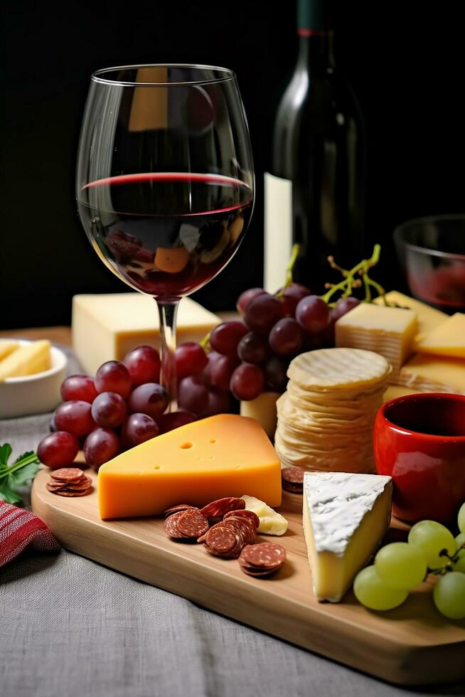 AI generated Gourmet wine and cheese on wooden table, generated by AI photo