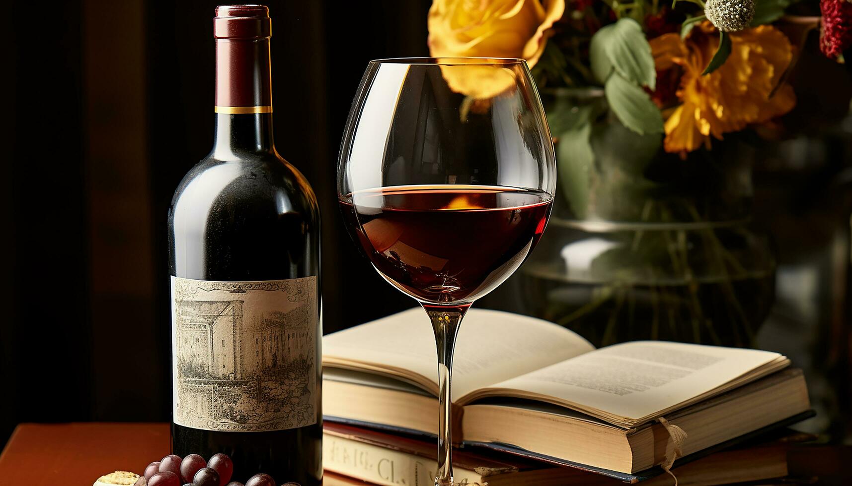 AI generated Luxury wine bottle on wooden table, elegant celebration, generated by AI photo