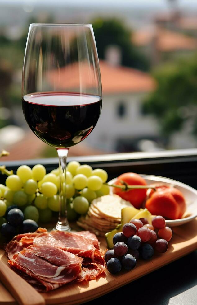 AI generated Freshness of grapes, wineglass on table, gourmet food, generated by AI photo