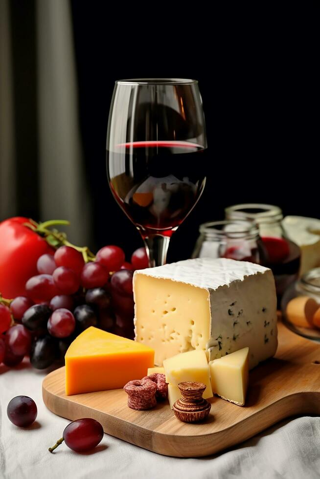 AI generated Gourmet wine and cheese on rustic wooden table, generated by AI photo