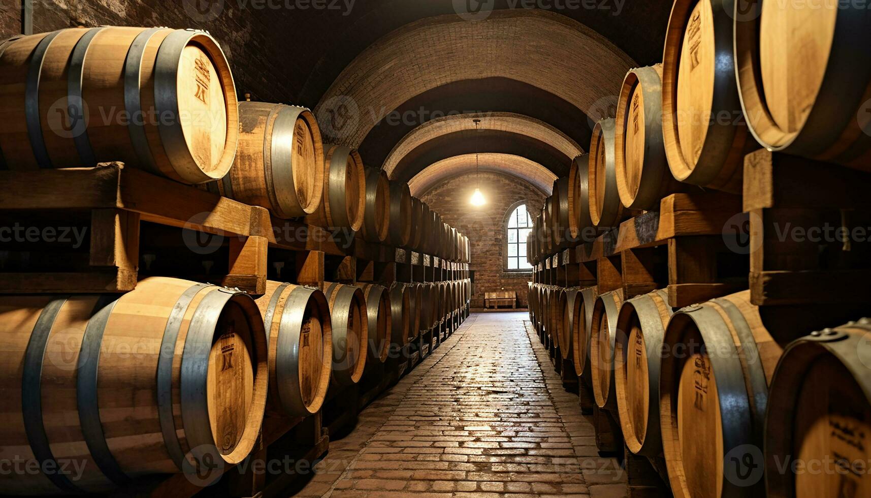 AI generated Stacked barrels in a cellar, aging wine gracefully generated by AI photo