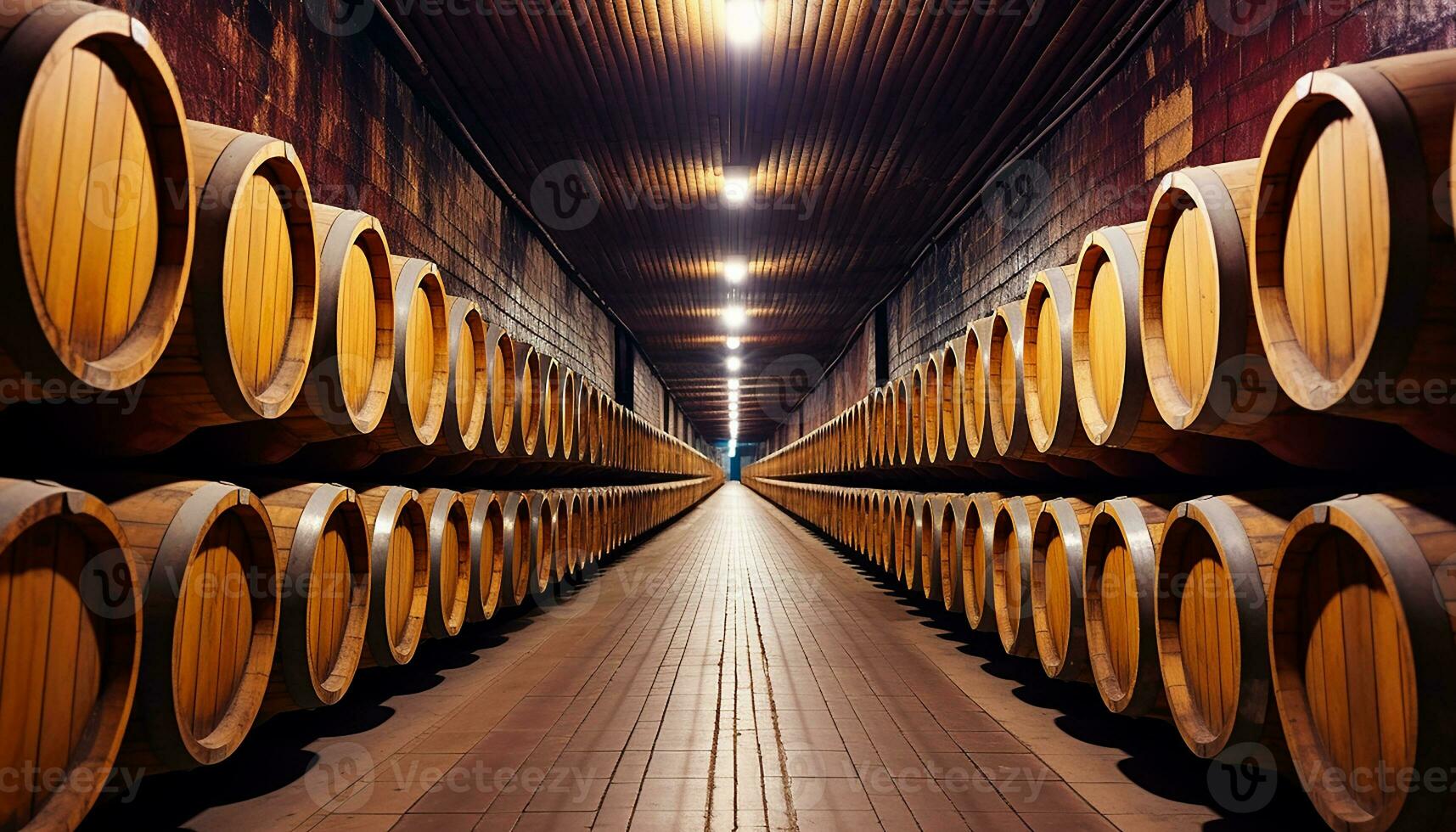AI generated Stacked barrels in a dimly lit wine cellar generated by AI photo