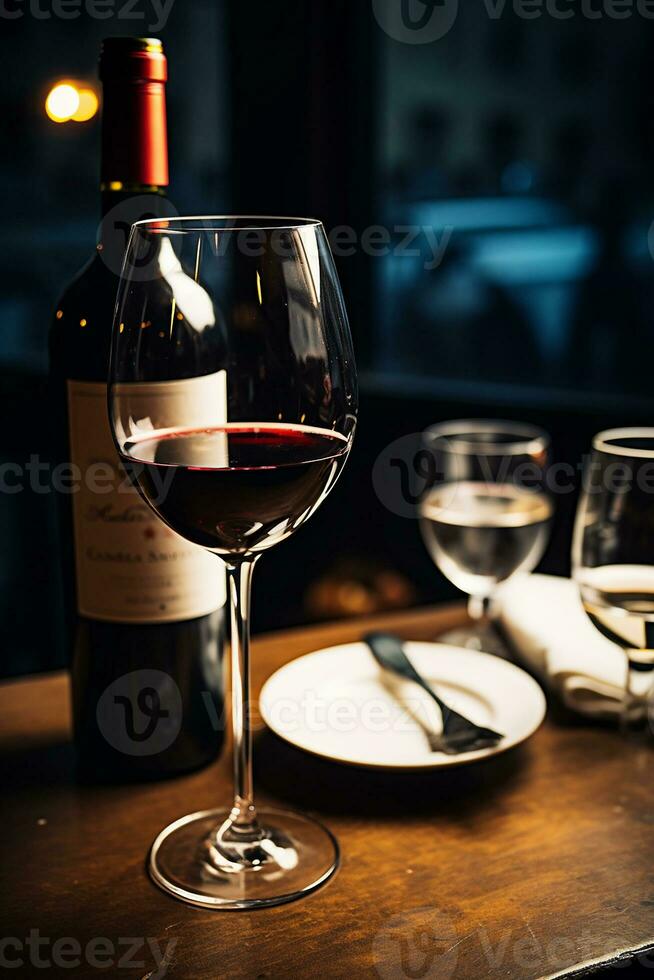 AI generated Luxury wineglass on table, pouring red wine generated by AI photo