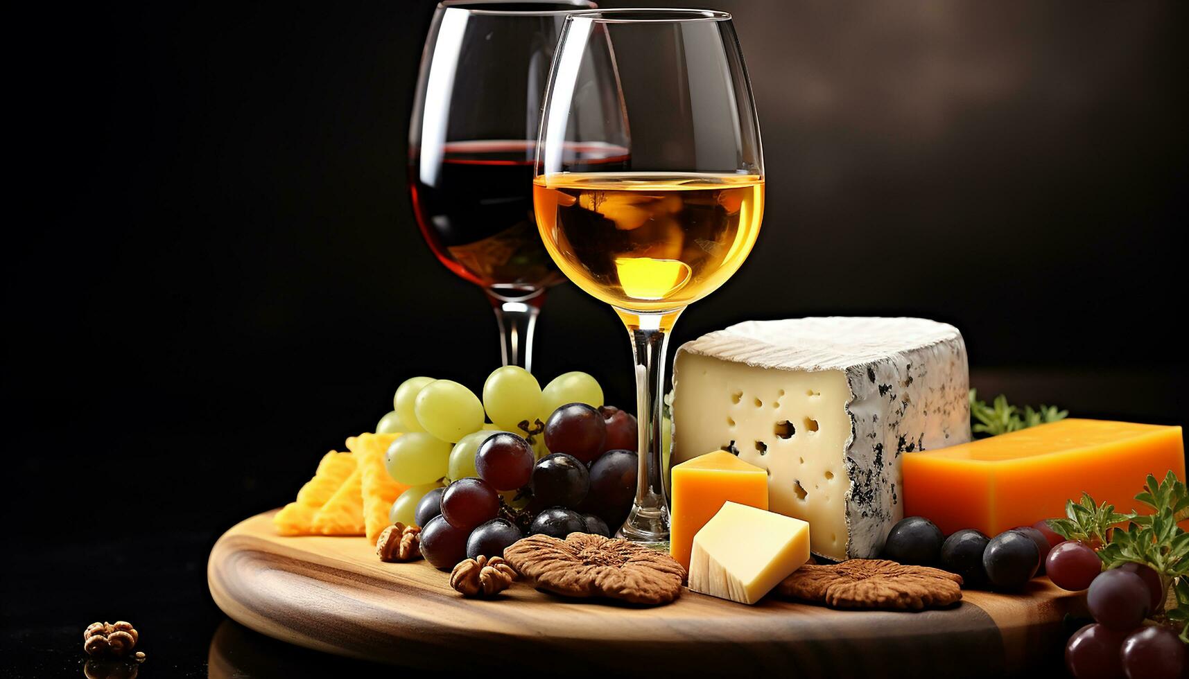 AI generated Gourmet wine and cheese on rustic wooden table generated by AI photo
