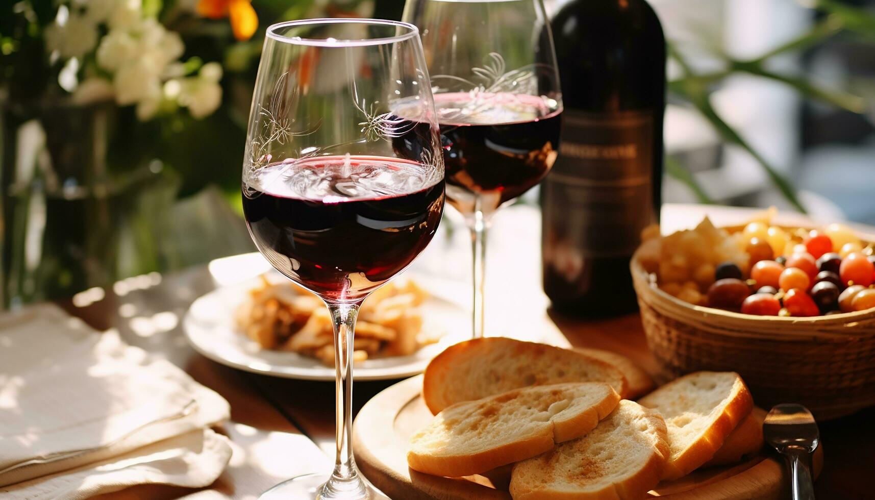 AI generated Wine, food, drink, outdoors, wineglass, table, picnic, bread generated by AI photo