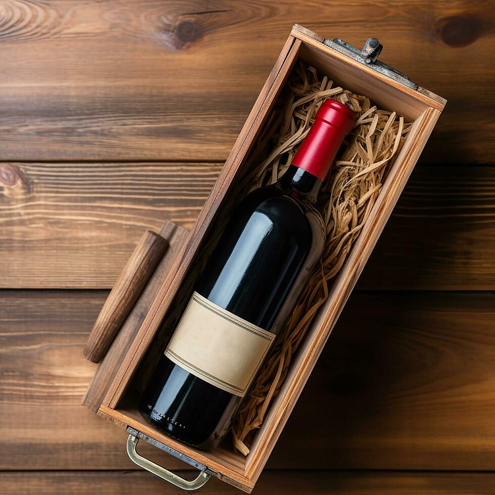 AI generated Wooden table with old wine bottle and glass generated by AI photo