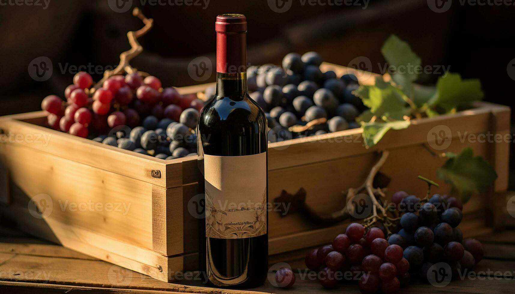 AI generated Fresh grape bunch on wooden table, nature drink generated by AI photo