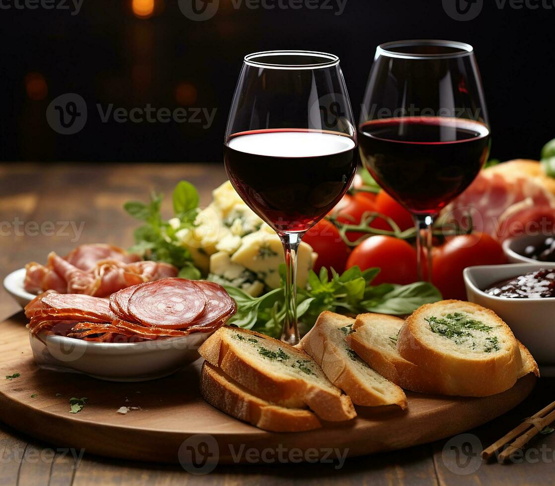 AI generated Gourmet meal  prosciutto, bread, wine, smoked meat generated by AI photo
