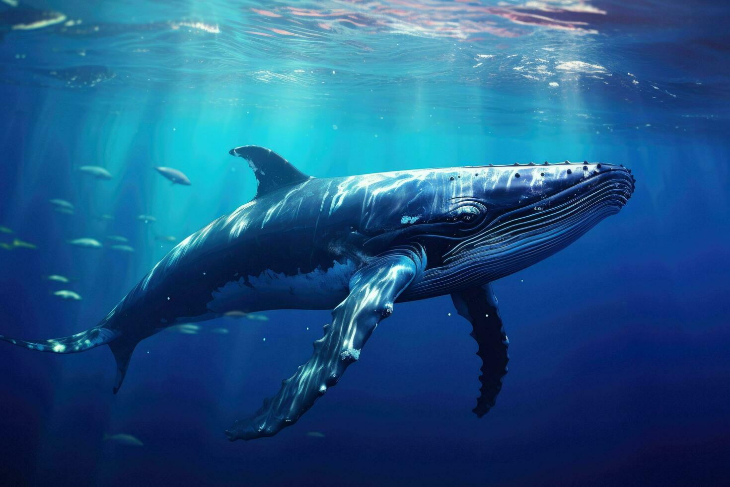 AI generated Whale swimming in the Blue Ocean, Underwater scene. 3d render, Sperm whale swimming underwater, AI Generated photo