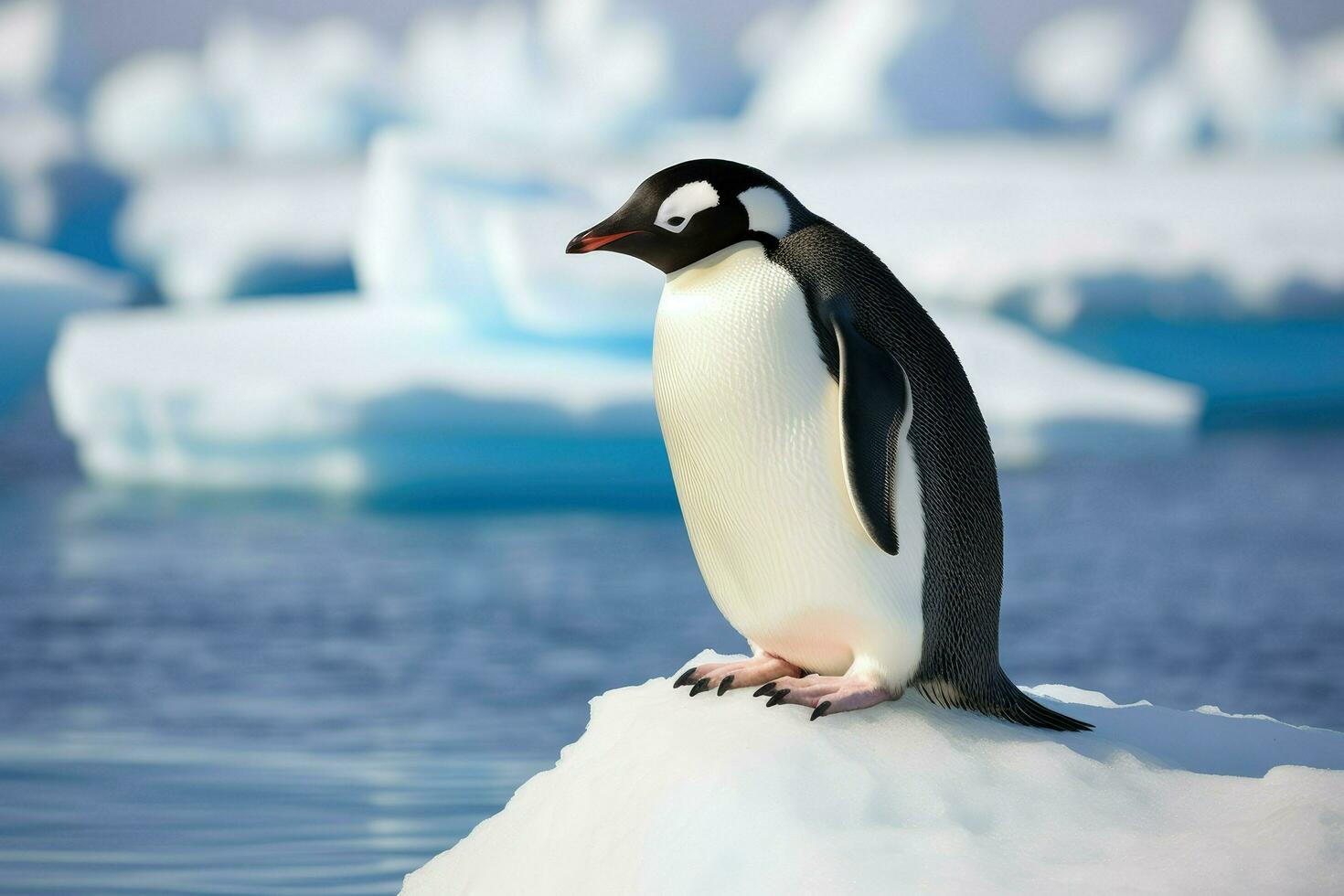 ai generado pingüino en hielo témpano de hielo antártico, pingüino flotador en el hielo témpano de hielo en el del Sur Oceano en Antártida en buscar de alimento, el efectos de global calentamiento ai generado foto