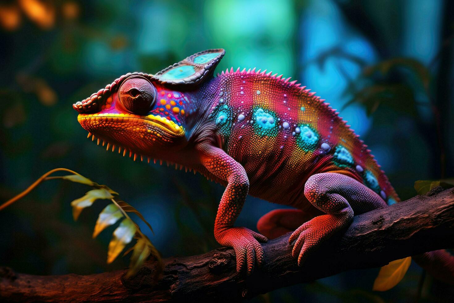 AI generated Colorful chameleon on a branch in the forest, Close up of bright chameleon on the branch on dark background, Ai generated photo