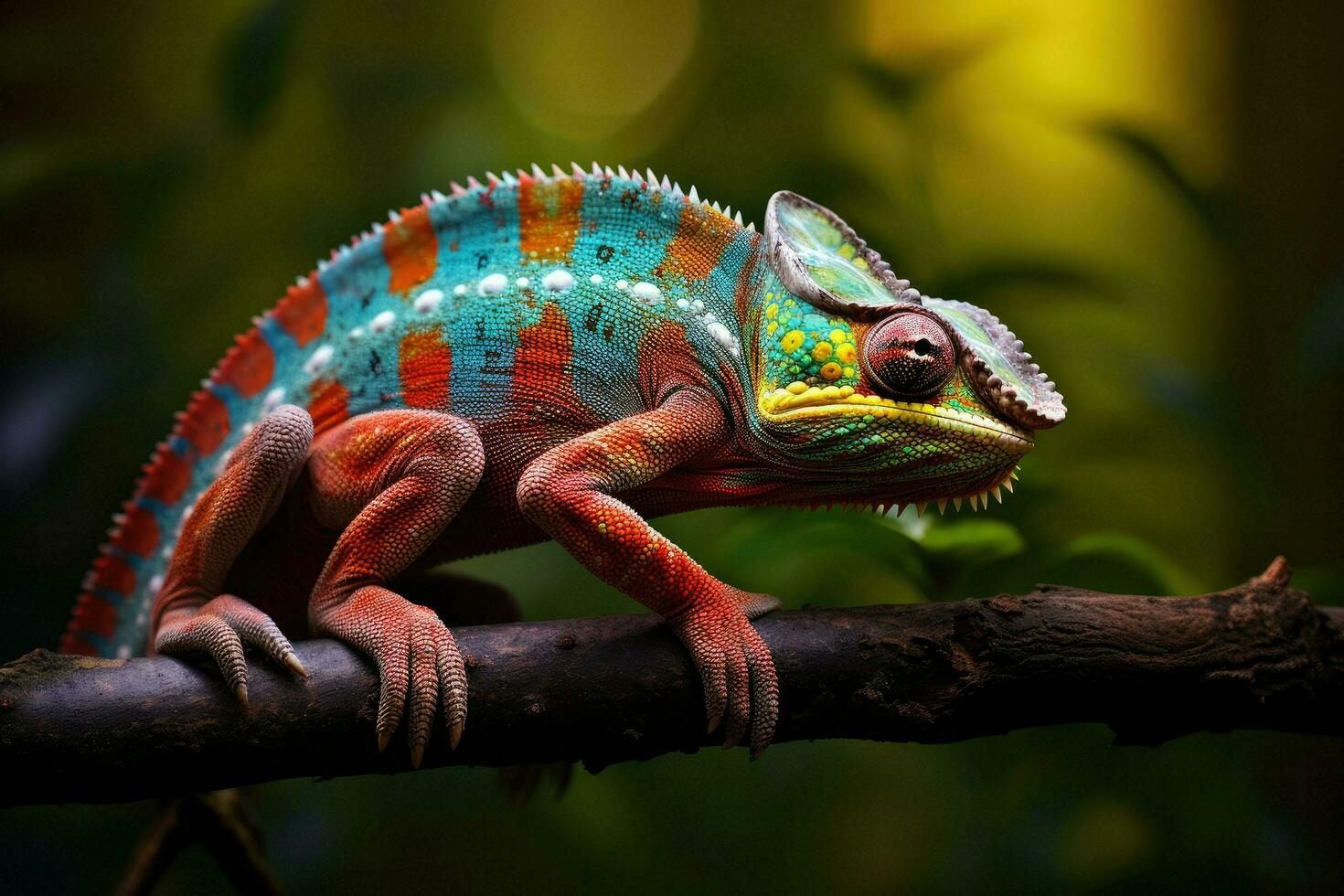 AI generated Colorful chameleon on a branch in the forest, Close up of bright chameleon on the branch on dark background, Ai generated photo