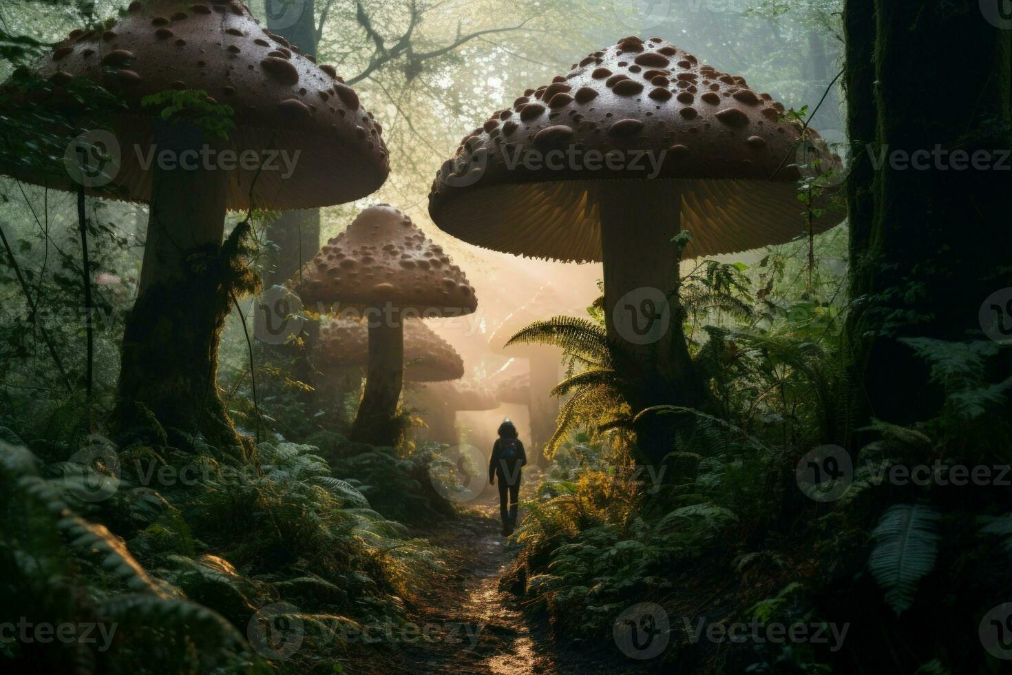 AI generated Giant talking mushrooms offering cryptic advice in dense forest groves - Generative AI photo