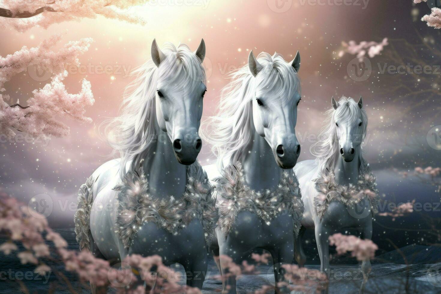 AI generated Majestic unicorns with shimmering silver horns - Generative AI photo
