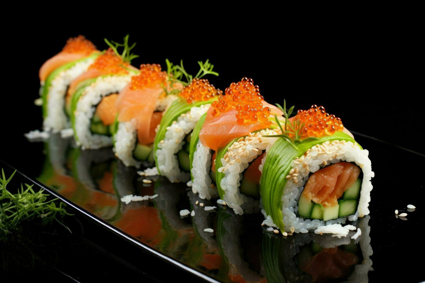 ai generado Sushi rodar con salmón caviar y pepino, artístico recreación de Sushi rollos con salmón y blanco arroz con un puntual luz, ai generado foto
