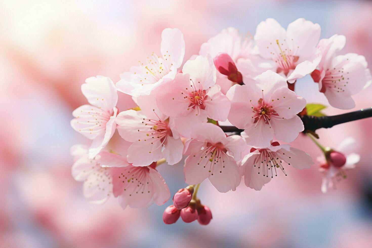 ai generado Cereza florecer flores en bokeh antecedentes bandera con flores en ligero rosado antecedentes. saludo tarjeta modelo para bodas, madres o De las mujeres día. ai generado foto