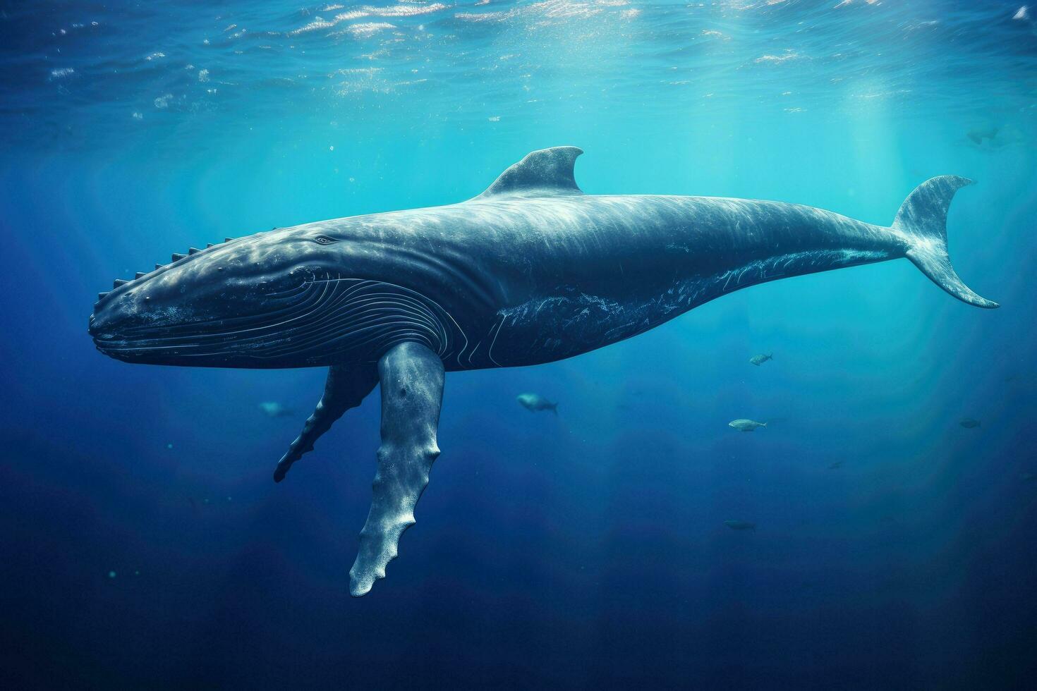 AI generated Whale swimming in the Blue Ocean, Underwater scene. 3d render, Sperm whale swimming underwater, AI Generated photo