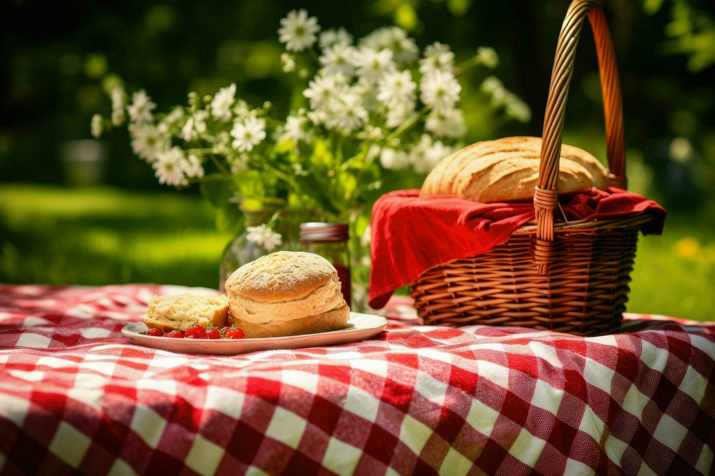 AI generated Picnic basket on the tablecloth in summer garden, Summer picnic background. Cute Wicker basket with foods, fruits. the tablecloth on the grass, Ai generated photo