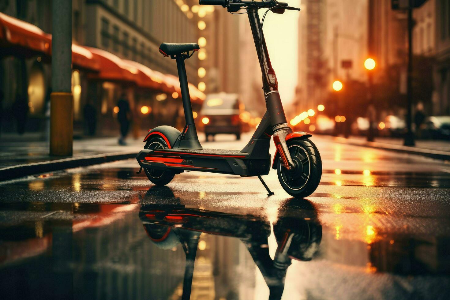 AI generated Electric scooter on a city night street, electric scooter in the city landscape, standing on the road, Electric scooter in the city, AI generated photo