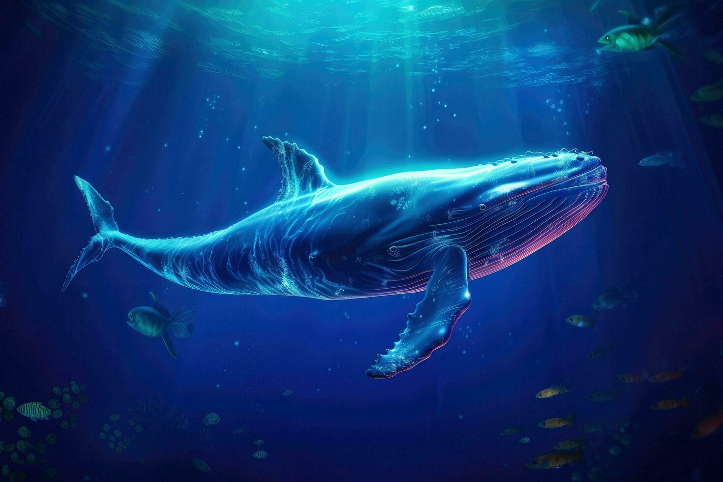 AI generated Whale swimming in the Blue Ocean, Underwater scene. 3d render, Sperm whale swimming underwater, AI Generated photo