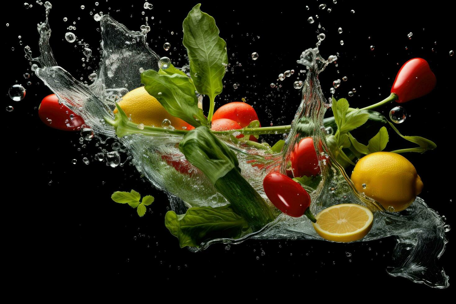 AI generated Vegetable splashing into clear water Vegetables splashing into clear water on dark background Ai generated photo