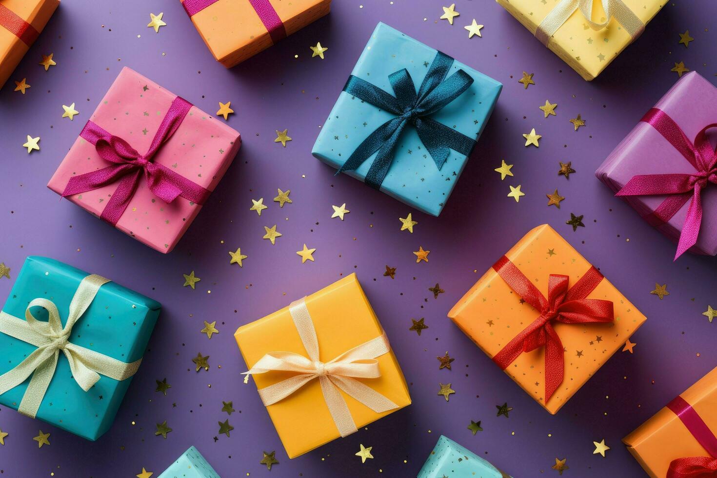 AI generated Top view Colorful gift box binding with color Ribbon and blur background Ai generated photo