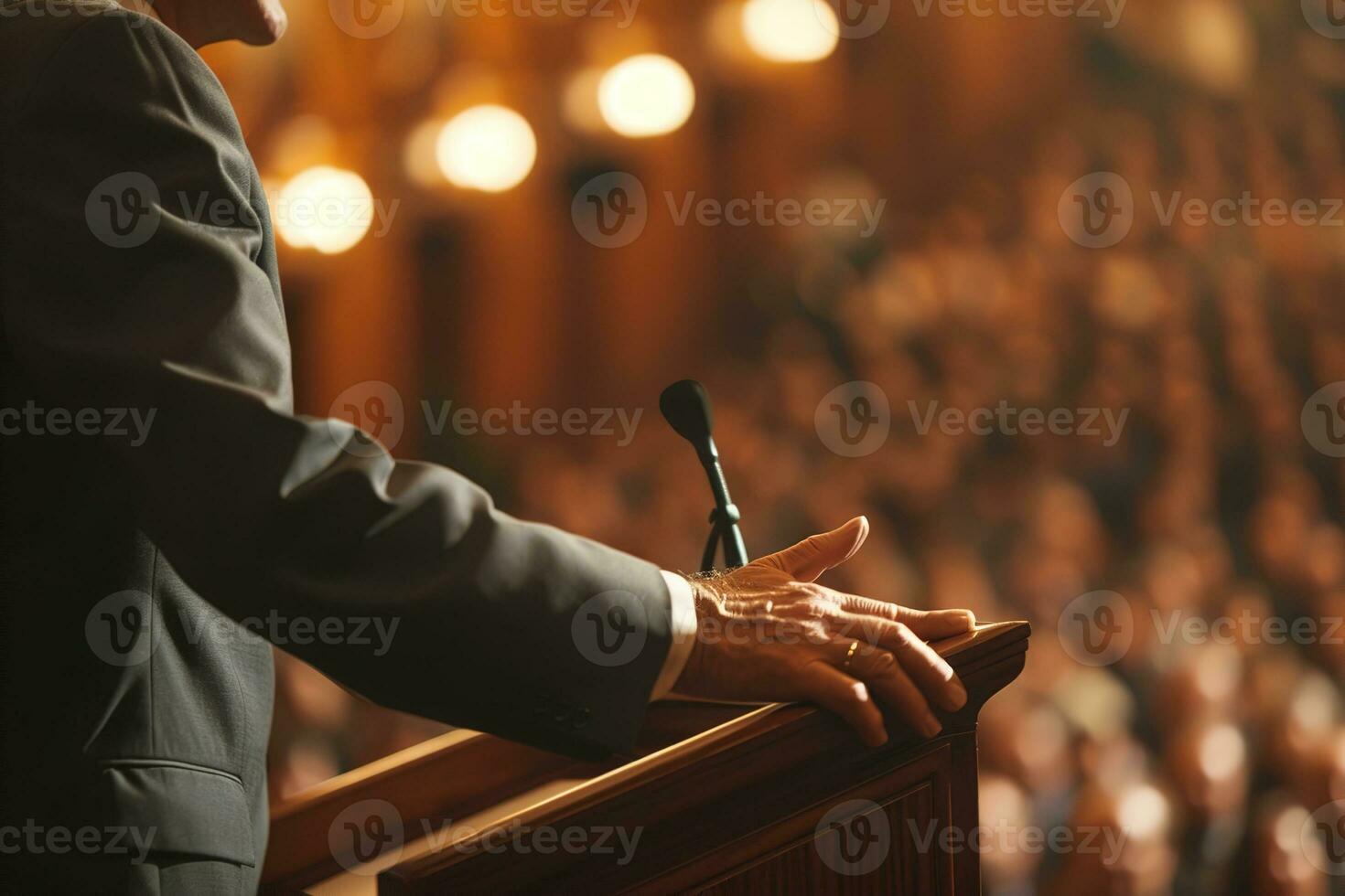 AI generated Side right view of a man in a suit with a hand on a podium with a microphone giving a speech to a crowd photo