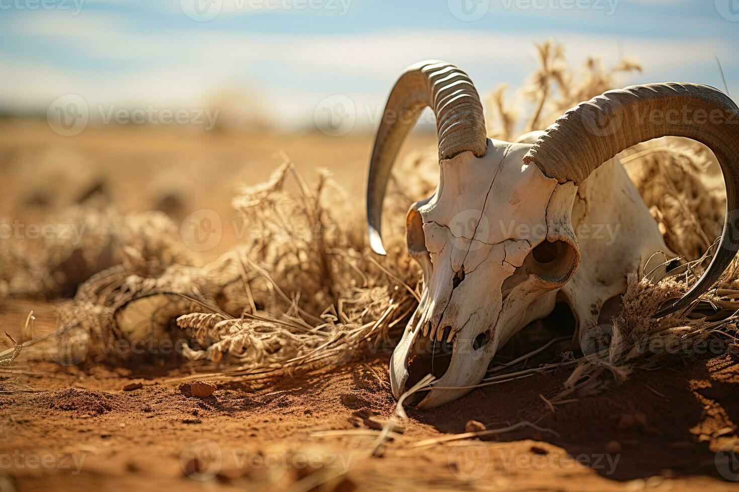 AI generated closeup of a skull with horns of ram in the dried desert photo