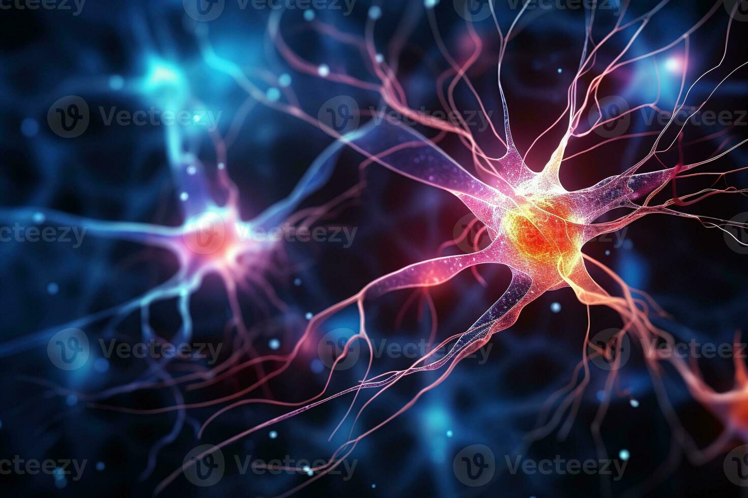 AI generated Illustration of brain cells glowing pink. Neuron transmission impulse on blurred background photo