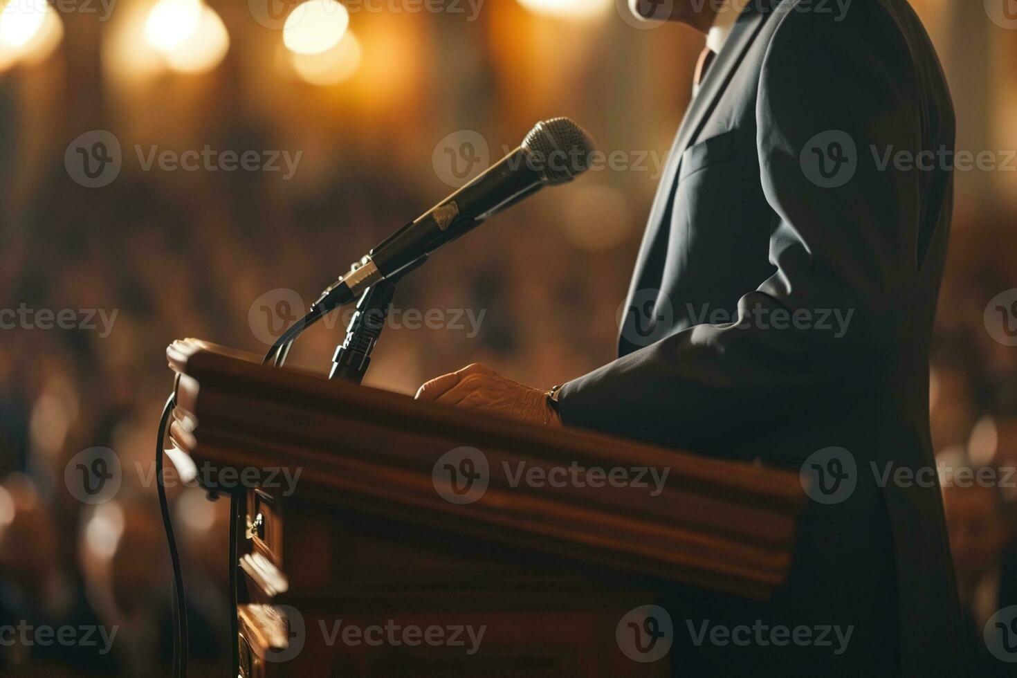 AI generated Side left view of a man in a suit behind a podium with a microphone giving a speech to a crowd photo