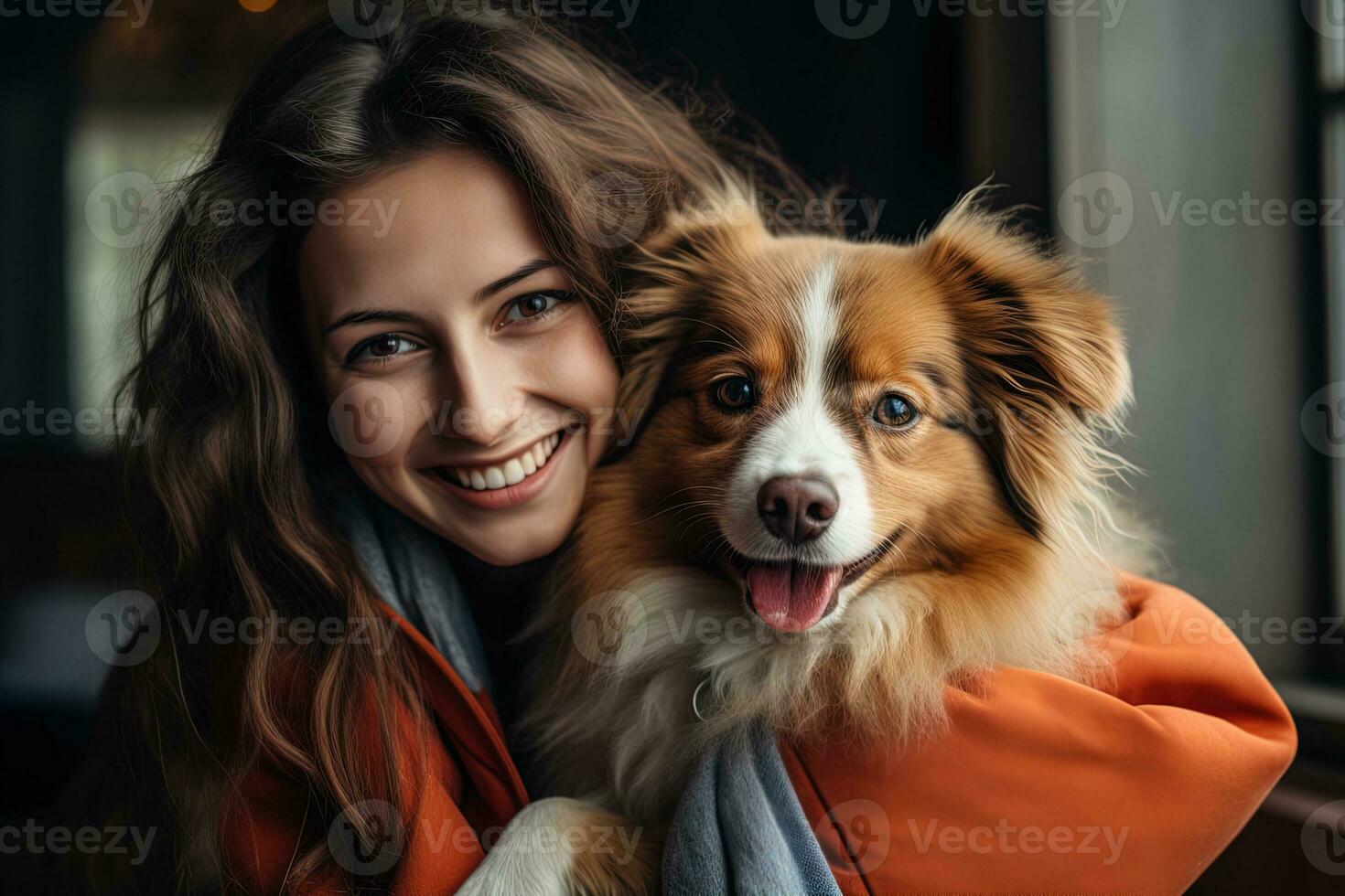 ai generado linda sonriente mujer con oscuro pelo abrazando un mullido perro foto