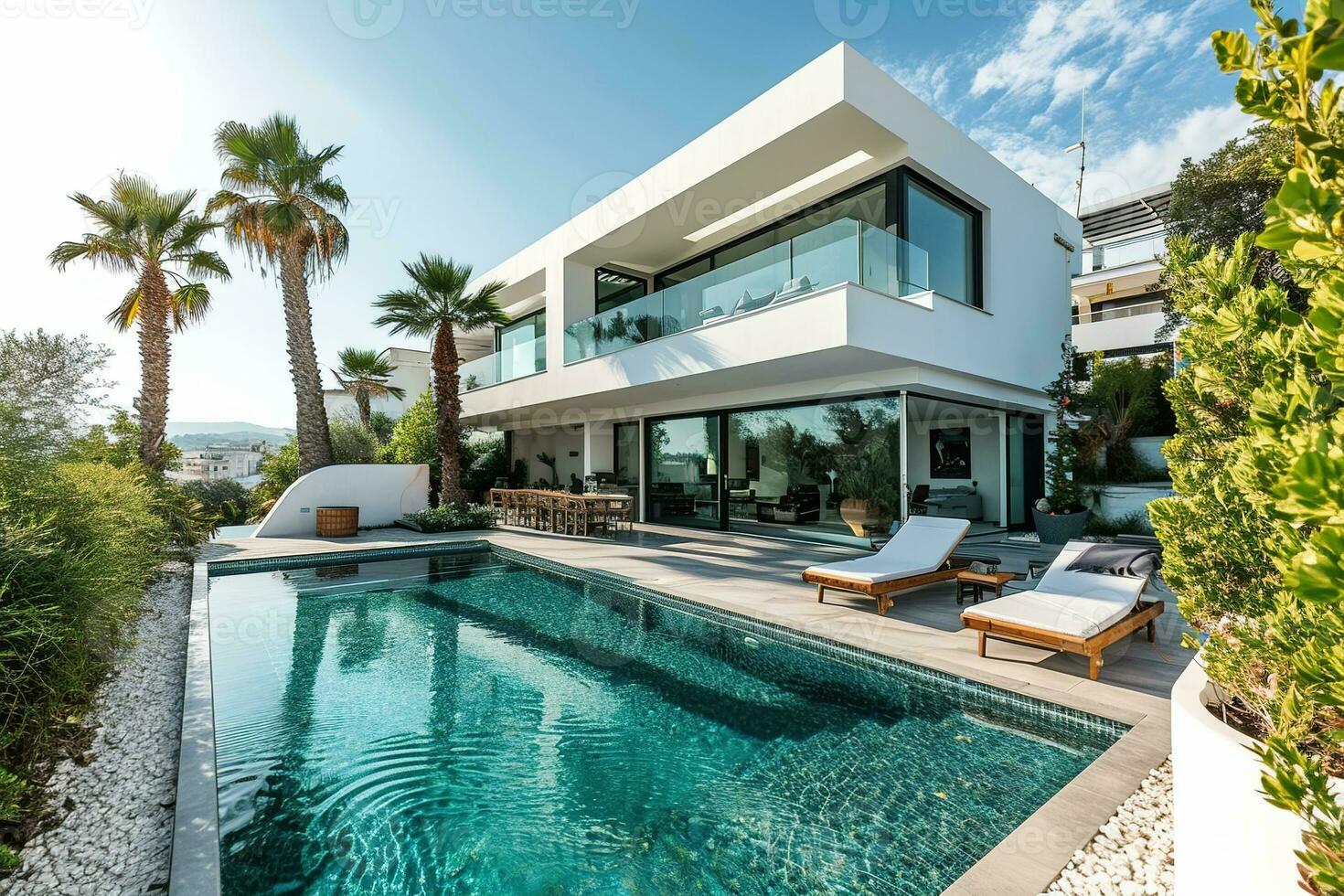 ai generado grande hermosa lujo moderno blanco familia hogar con un nadando piscina debajo brillante azul cielo rodeado con plantas foto