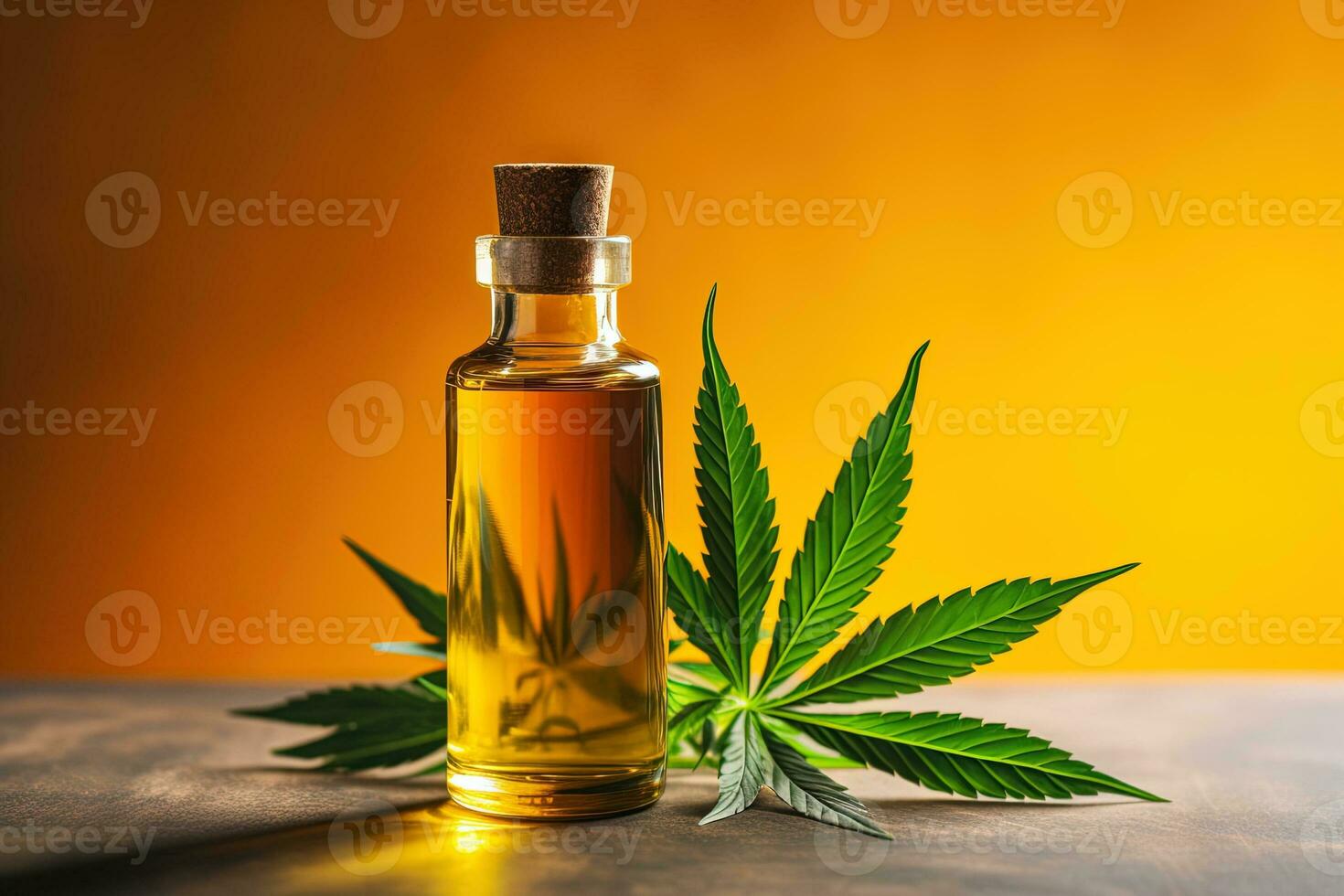 AI generated closeup of a bottle of cbd hemp cannabis oil and a marijuana leaf on orange background, natural medicine and cosmetics photo