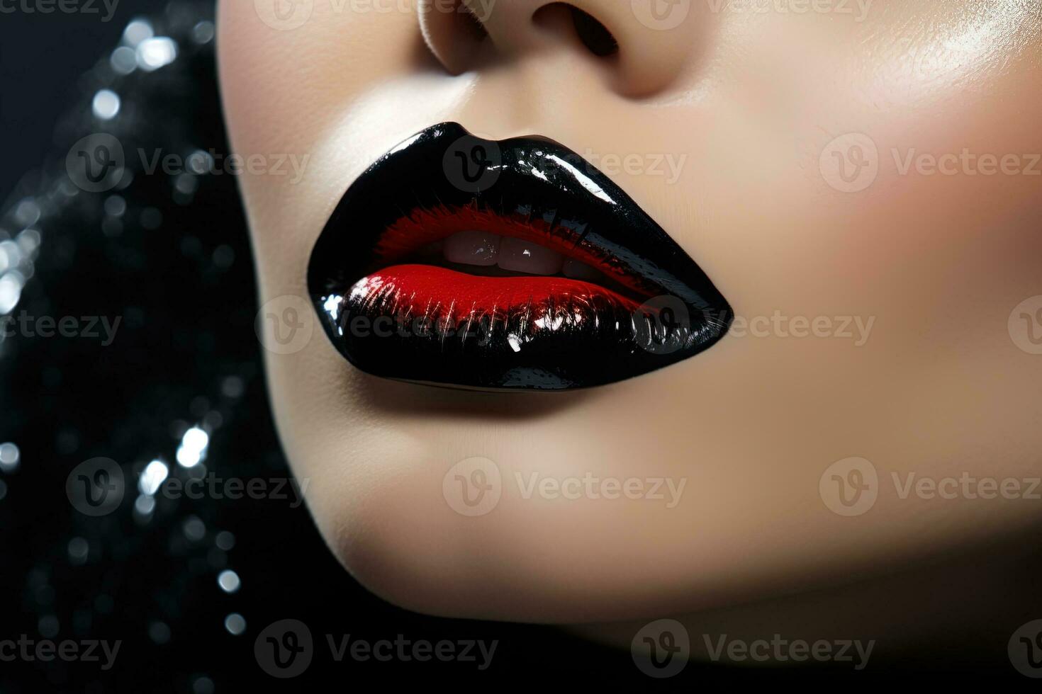 ai generado de cerca de mujer labios con negro y rojo lápiz labial brillante maquillaje foto