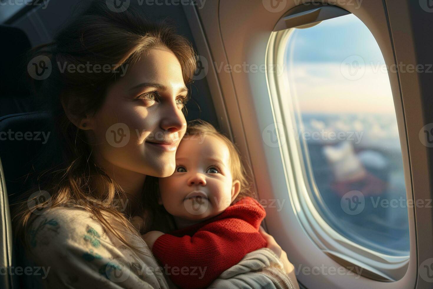 AI generated young woman mother with her baby looking out the airplane window photo