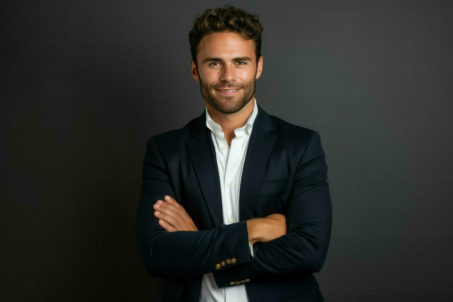 AI generated Happy handsome businessman against a minimalist backdrop, a handsome man standing with crossed arms. Ai generated photo