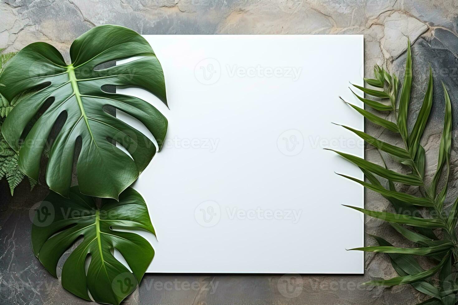 AI generated mockup white blank paper sheet with green tropical leaves top view on stone background, template empty card flat lay for design with copy space photo