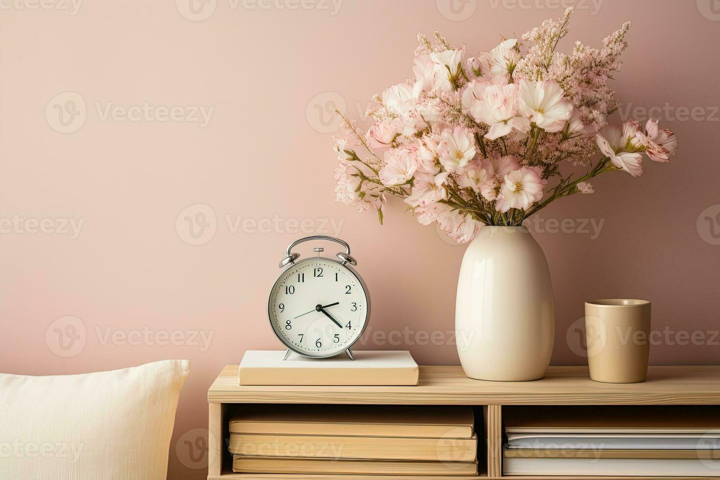 AI generated wooden bedside table with a vase of light pink flowers, books and an alarm clock photo