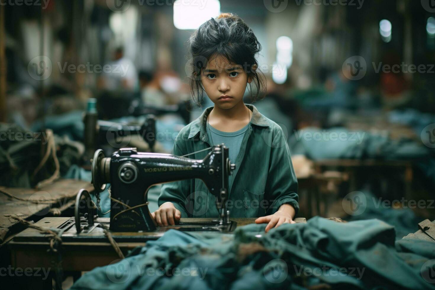 AI generated portrait of a sad little girl working in a sewing factory at a sewing machine among fabrics and tools photo
