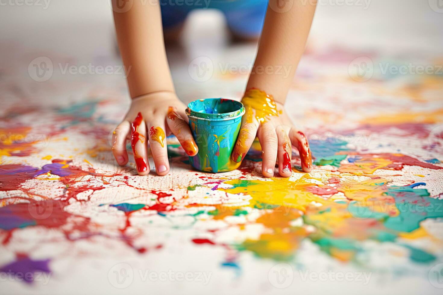 ai generado el manos de un pequeño niño dibujar en el piso con brillante colores foto