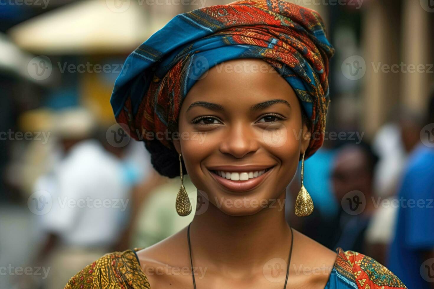AI generated Young charming Cuban woman wearing a colorful headscarf on a blurred street background photo
