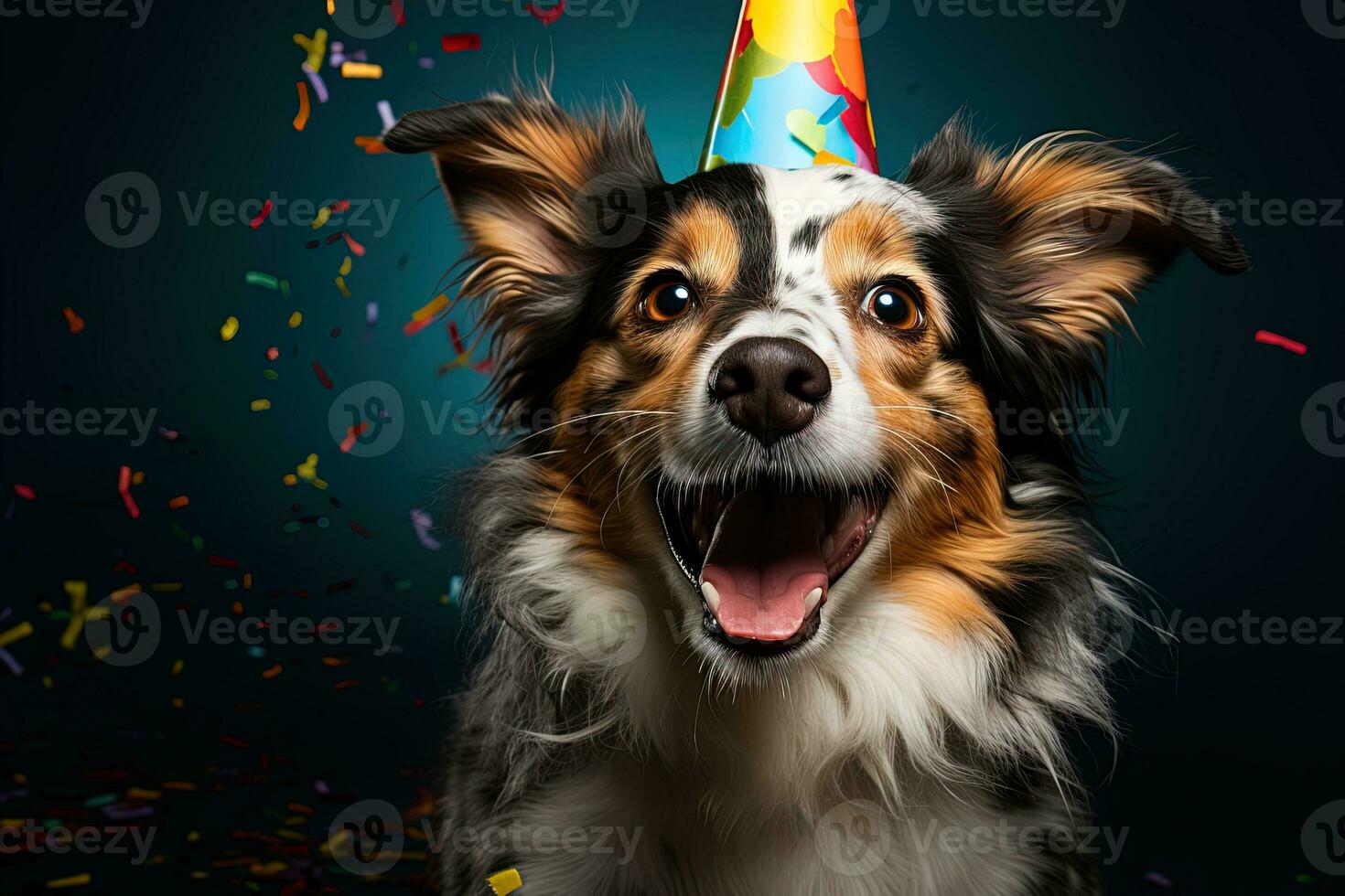 AI generated happy adorable dog smiling in a birthday hat on a blue background. Birthday party of celebration funny animal concept photo