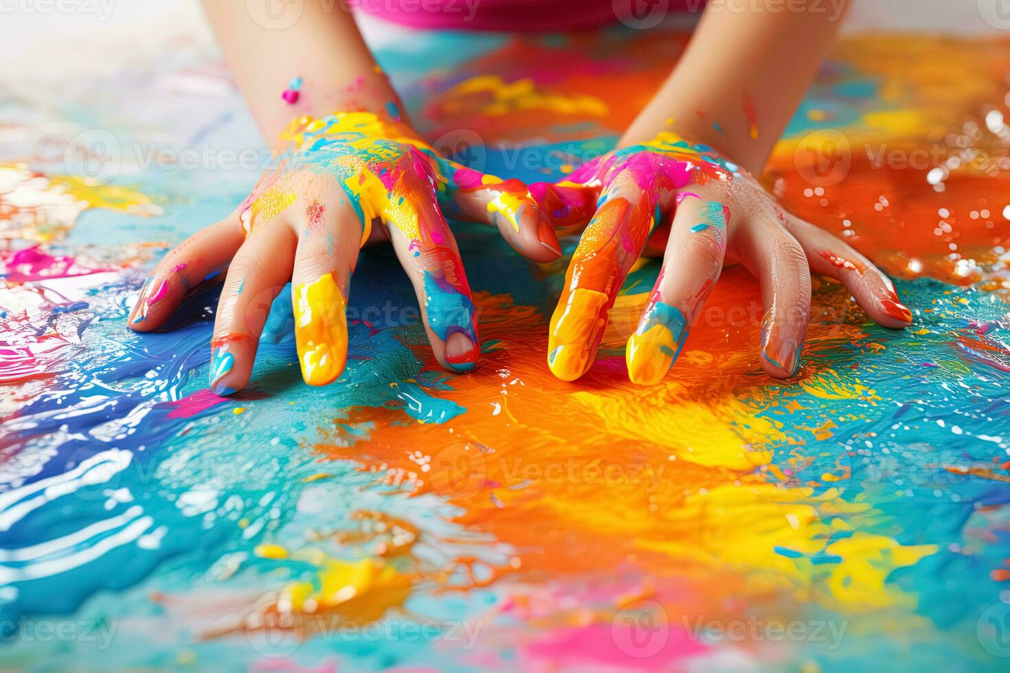 AI generated the hands of a small child draw on the floor with bright colors photo