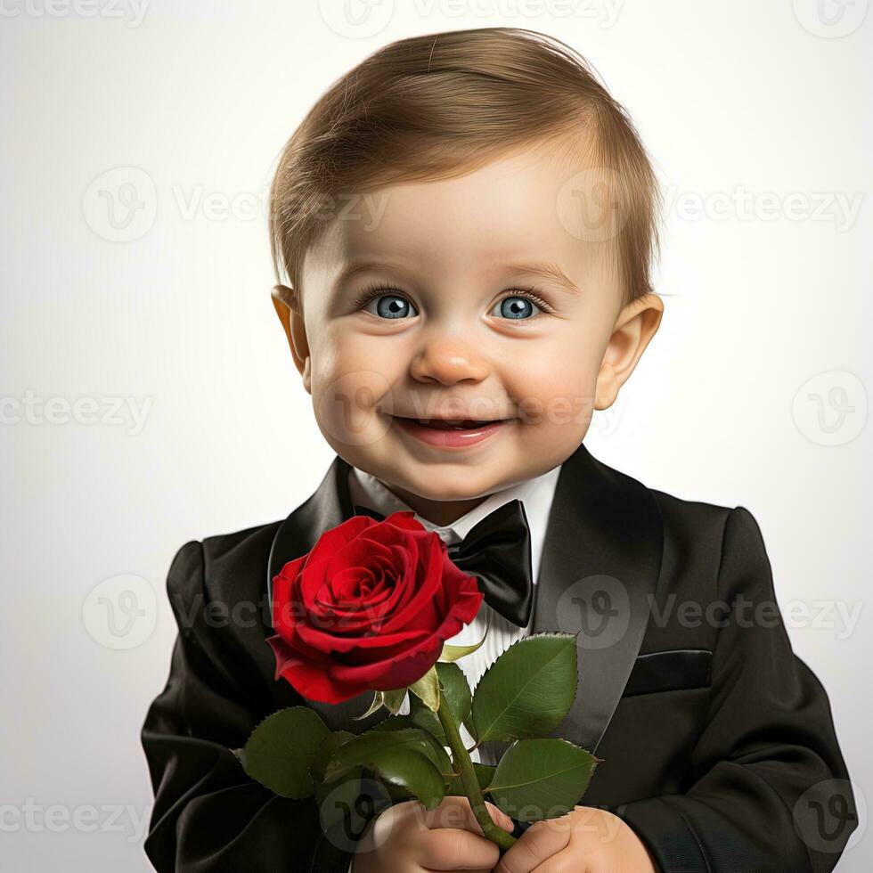 AI generated adorable smiling little baby boy in a black tuxedo holding a red rose in his hands, isolated on a white background photo