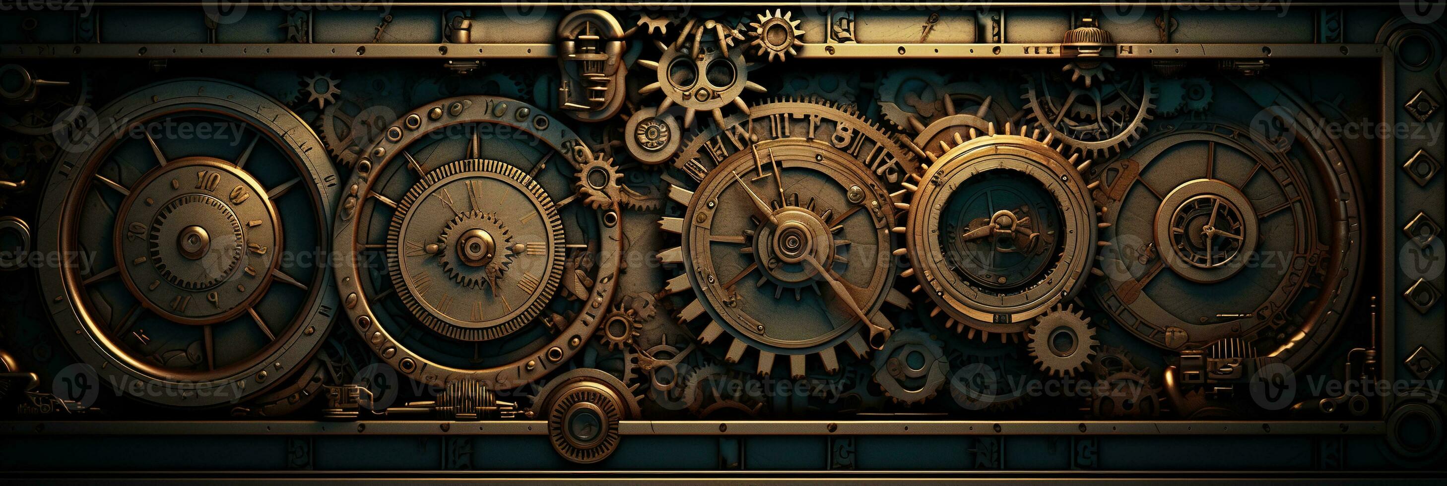 AI generated Abstract dark brass or bronze mechanism with gears, wheels and rivets. steampunk background banner photo