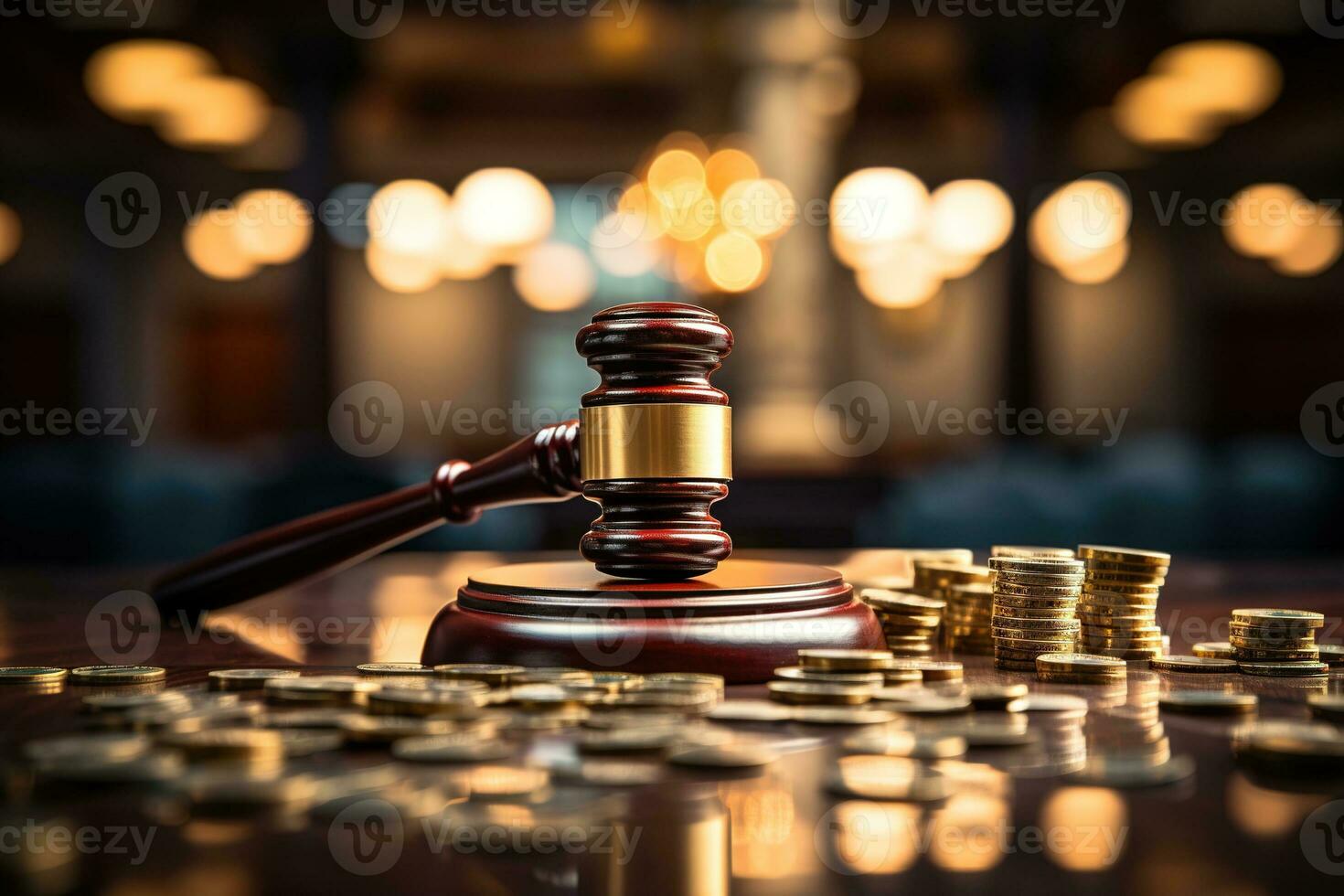 AI generated Judicial gavel among coins on a blurred background of bokeh dots. Concept of payment, law, corruption photo