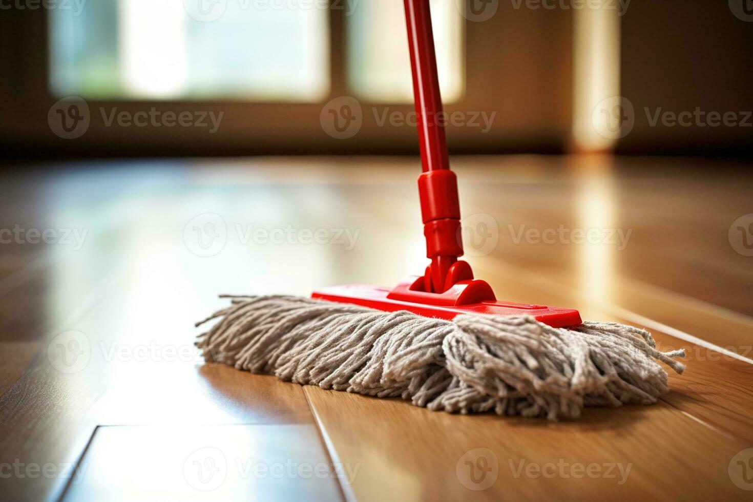 AI generated closeup of a red mop for washing the wooden floor photo