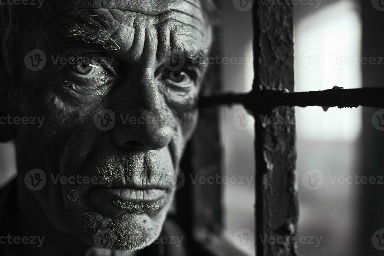 AI generated Close up monochrome portrait of a depressed prisoner near the prison bars photo