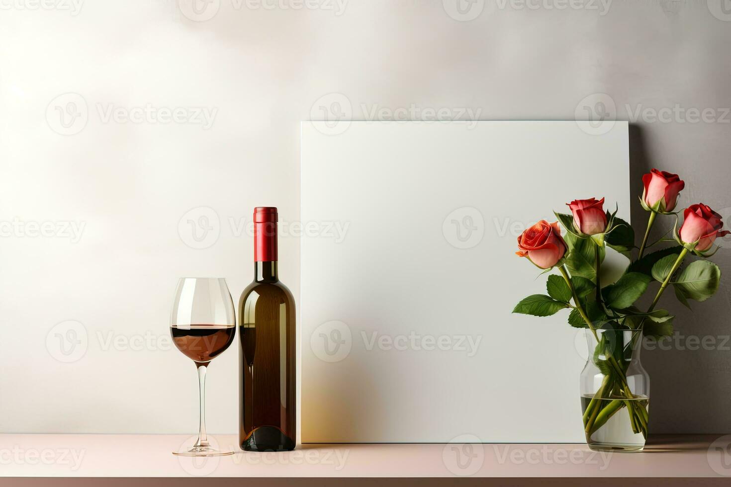 AI generated mockup white blank paper sheet with roses flowers in vase and bottle and glass of wine, romantic template empty card photo