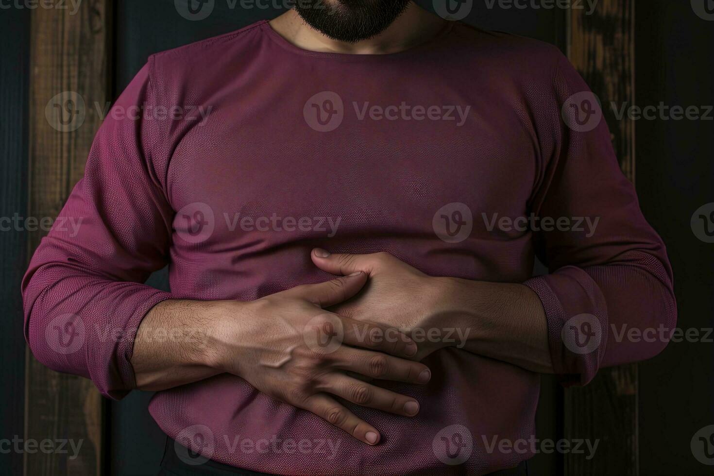 AI generated Man lies and holding his aching stomach photo